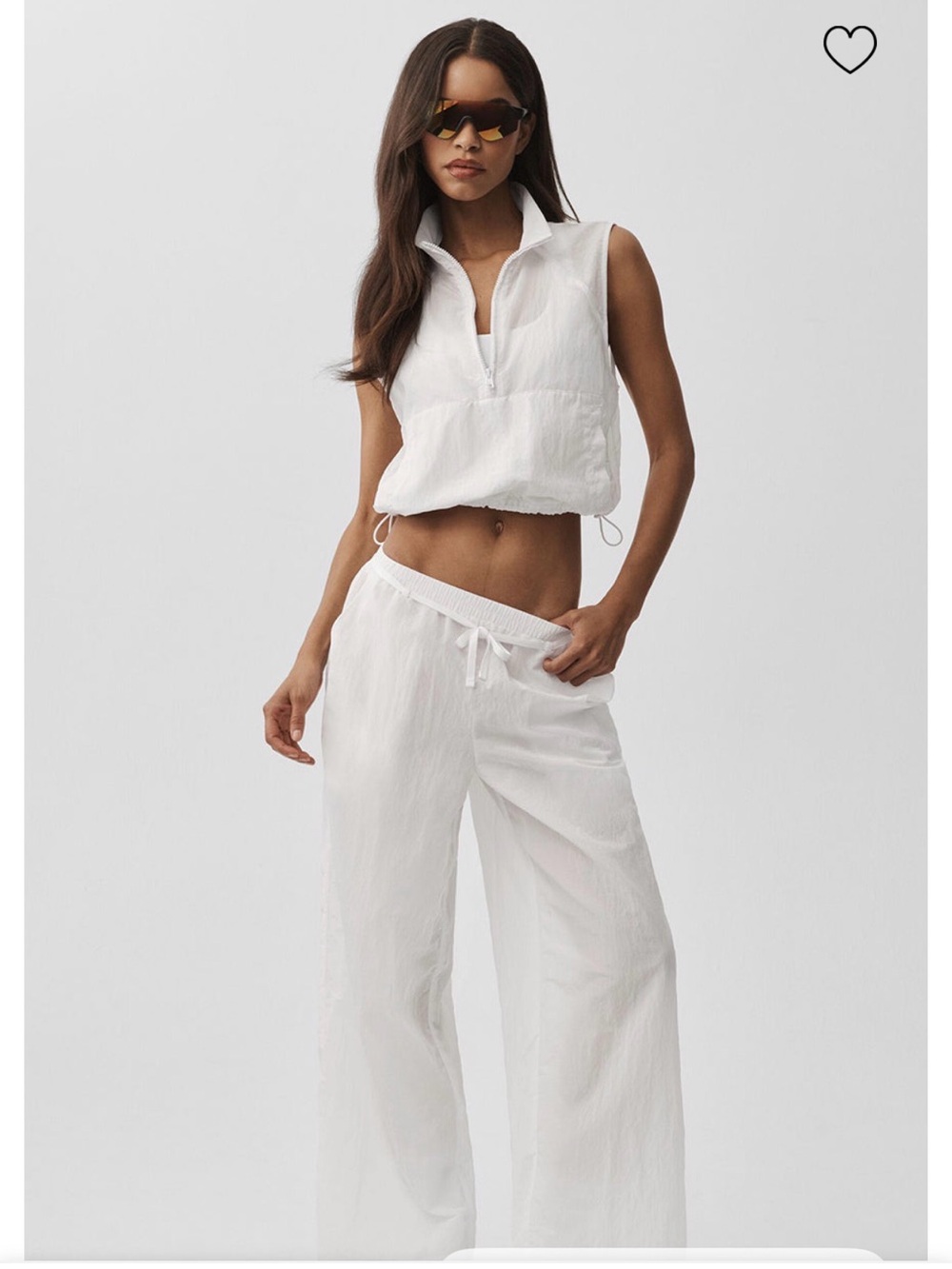 Alo White Ribbed Henley Crop Tank and Ripstop Electric Pants.